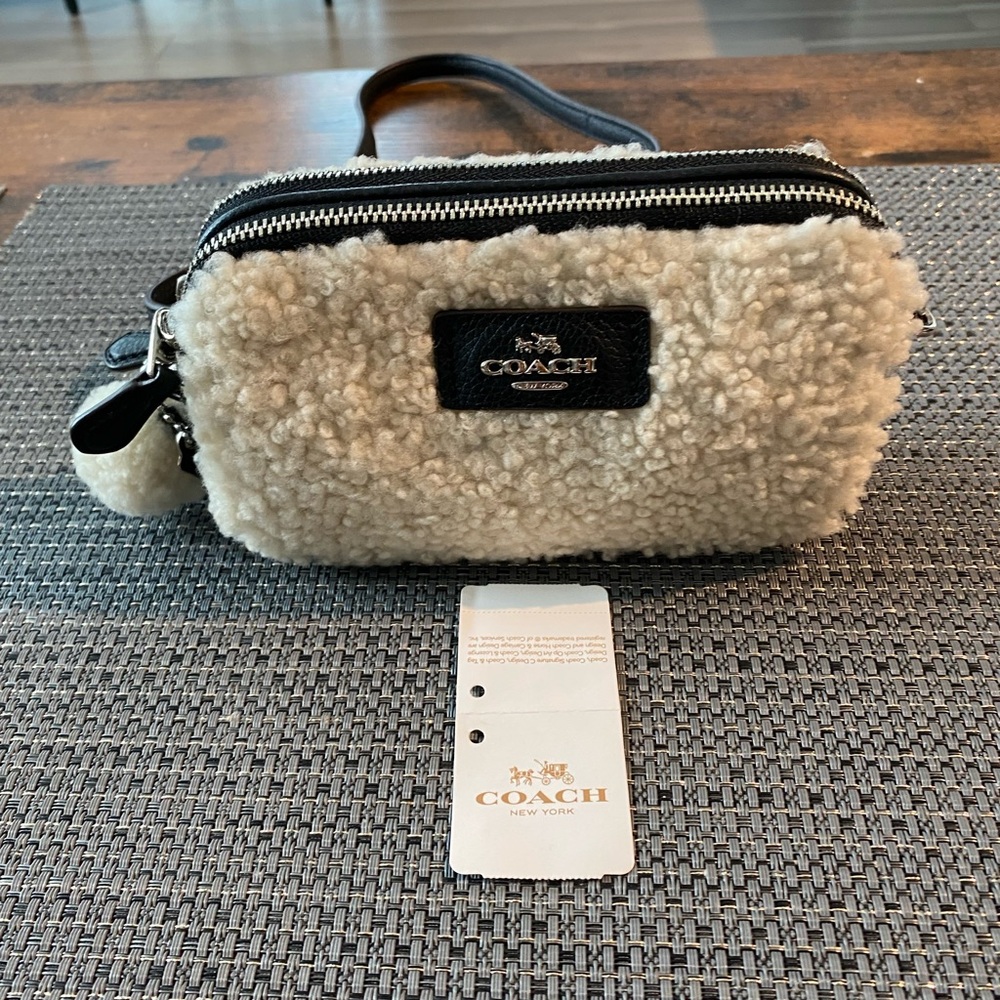 Coach Shearling/Leather mini crossbody/pouch, black/cream, NWT, never used.